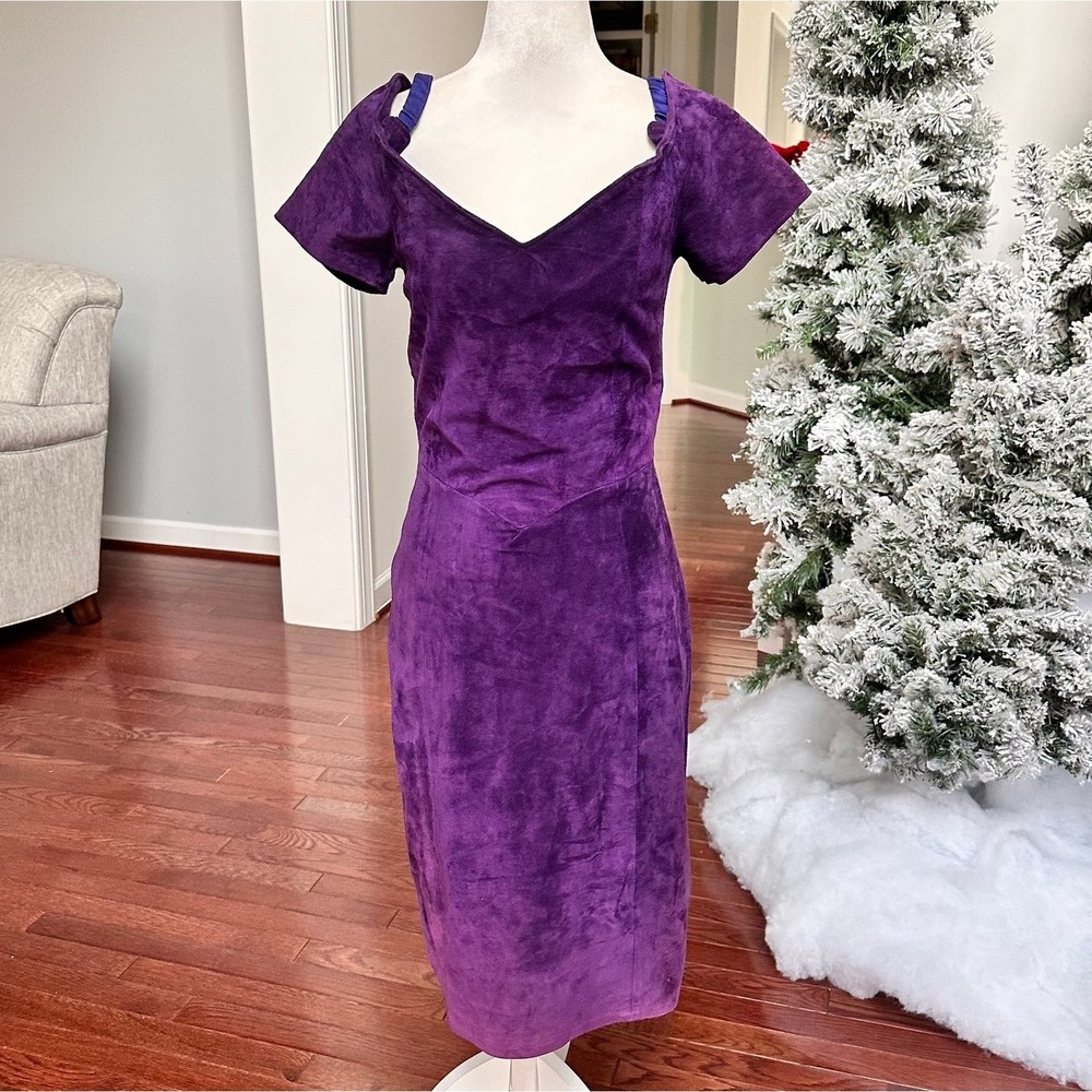 Vintage Firenze Santa Barbara Purple 100% Genuine Leather Bodycon Cocktail Dress